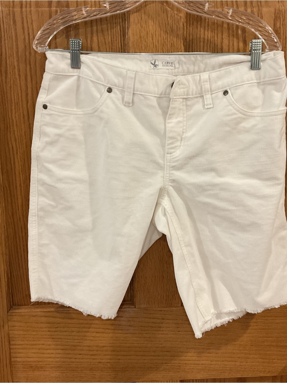 Carve Designs Off-White Denim Bermuda Shorts with Frayed Hem